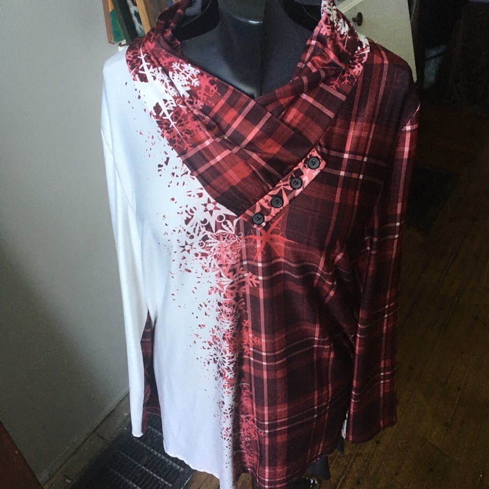 Lily by Firmiana plaid snowflake cowl neck tunic